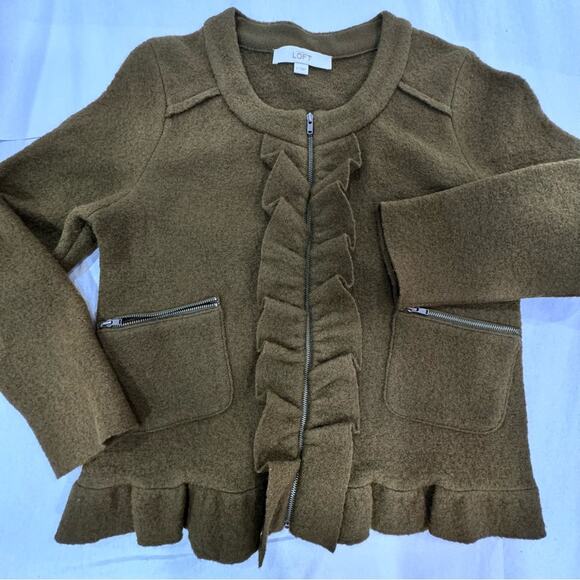 Wool Ruffle Cardigan Petites Small Olive Zipper LOFT Sweater Jacket - Picture 4 of 16